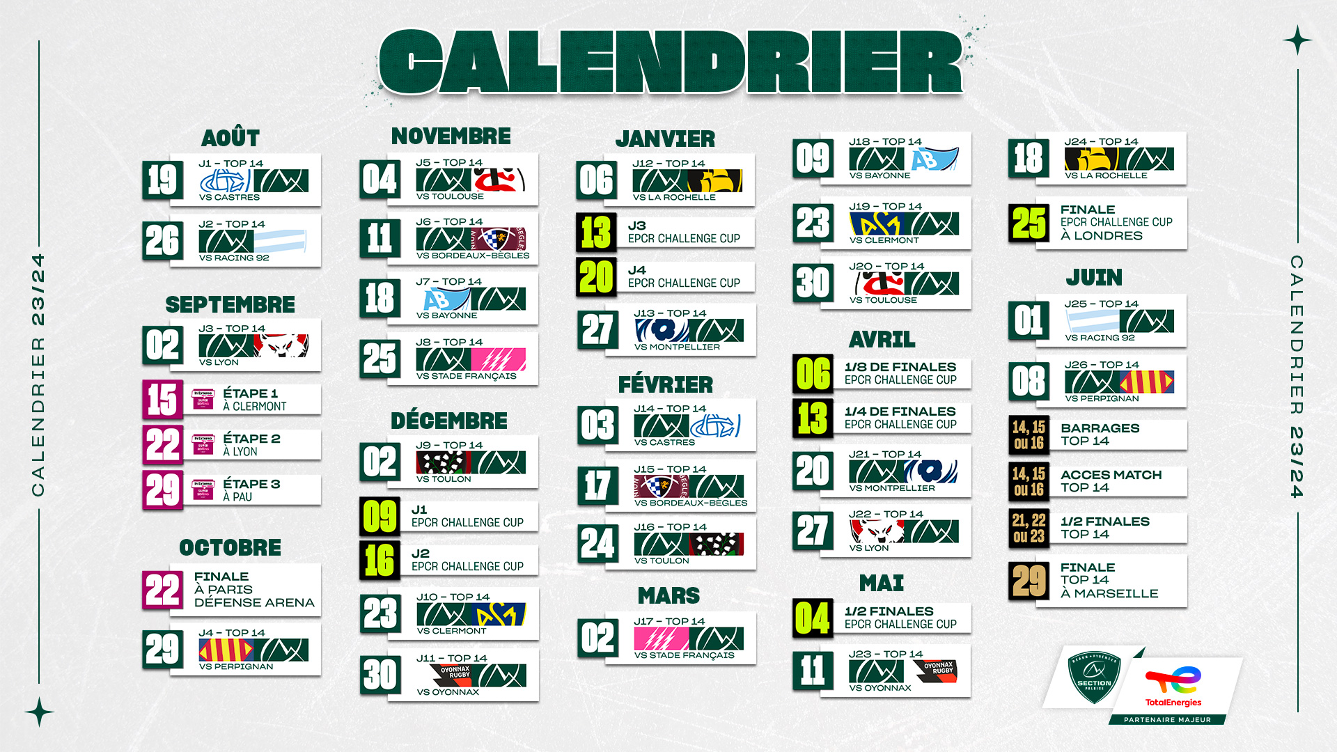 Calendrier Section Paloise 2024